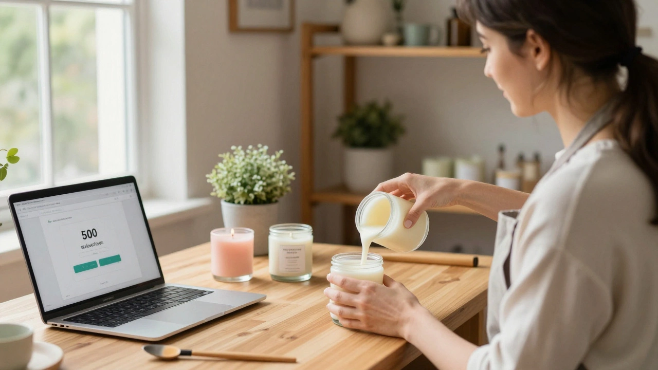 Woman filming candle-making process for Instagram in a sunlit home workshop