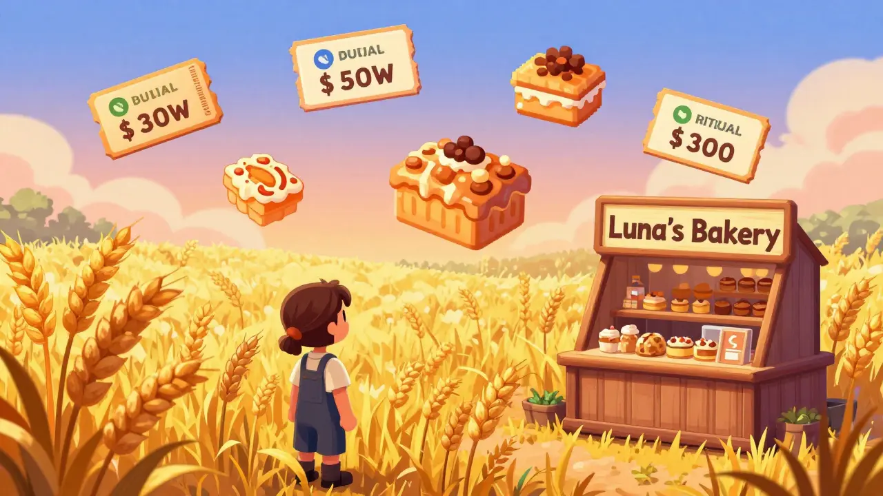 A baker observes their virtual bakery crops growing in Stardew Valley, with digital coupons and pastries floating above the scene.