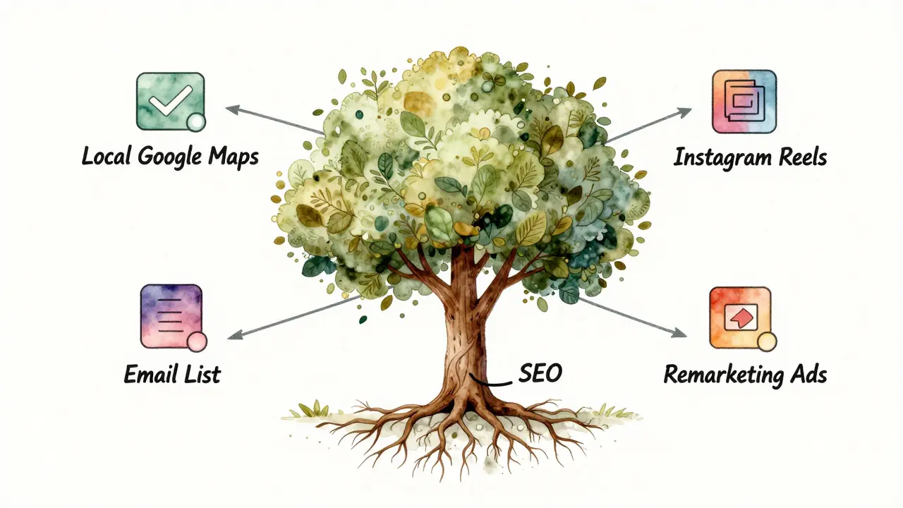A digital tree with roots and branches representing key online marketing channels and loyal customers.
