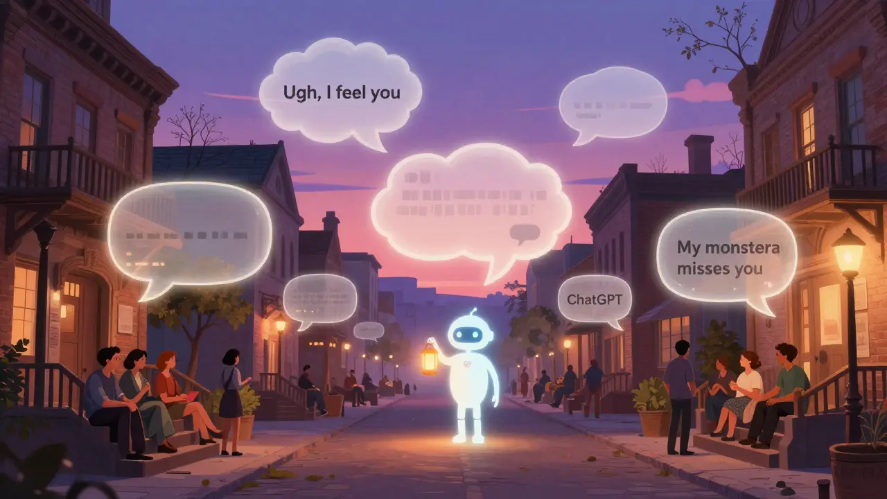 A dreamlike town square where human and AI conversation bubbles float in the twilight.