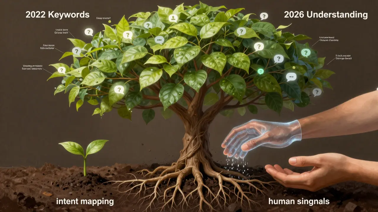 A symbolic tree representing SEO evolution from keywords to human understanding, with AI and human hands nurturing it.