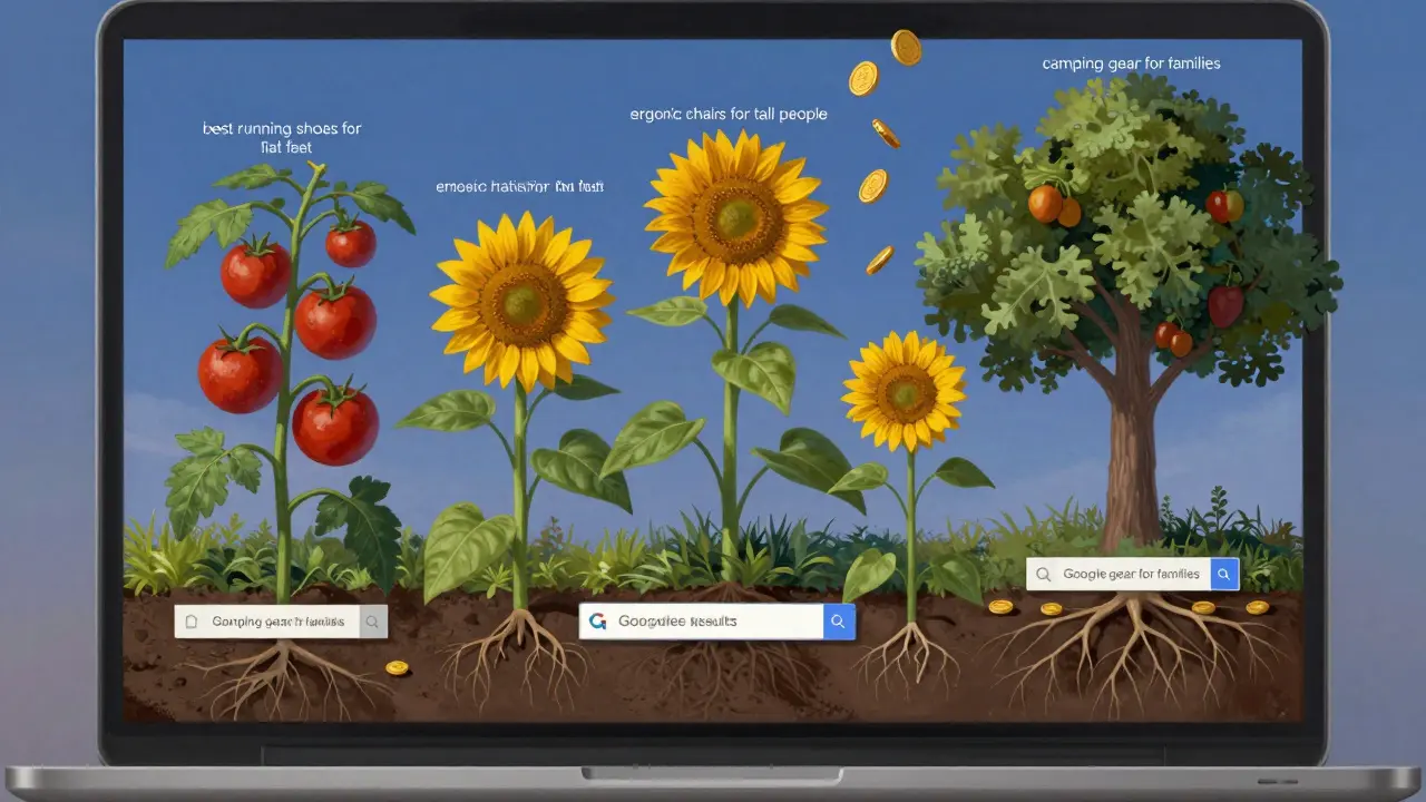 Garden growing from a laptop screen, each plant representing a successful niche blog post.
