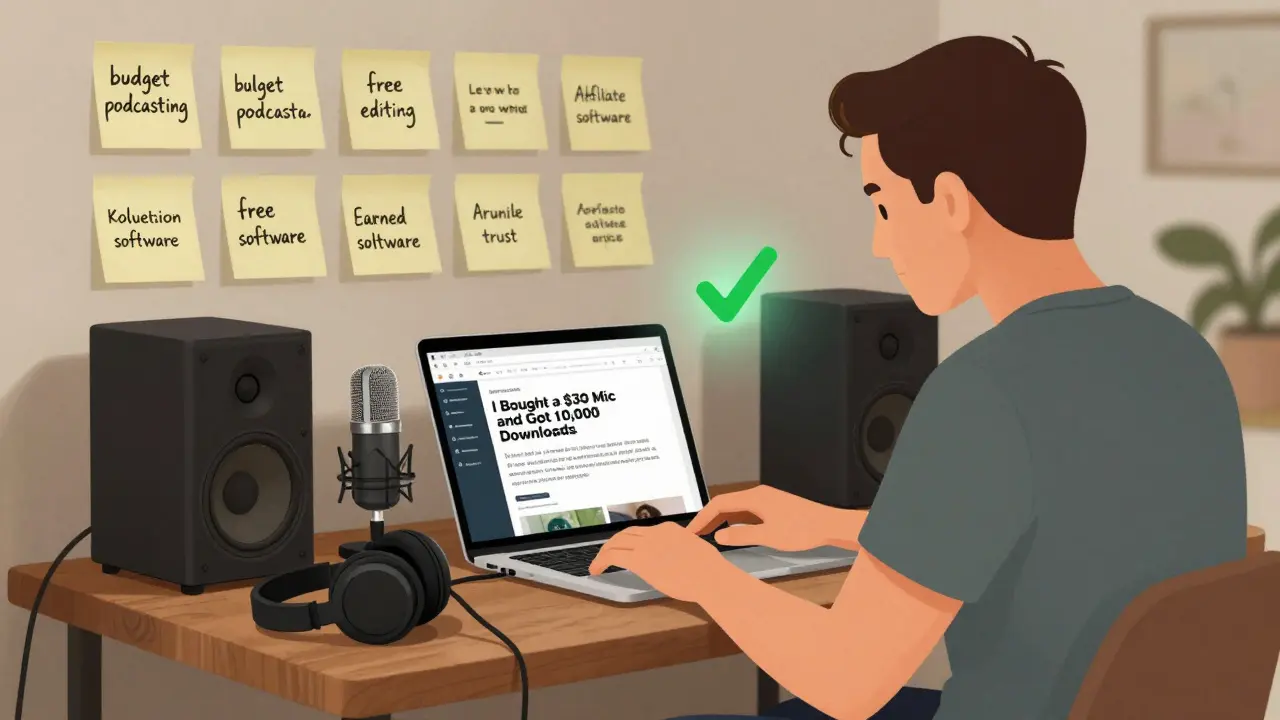 Man writing a budget podcasting guide with a  microphone and notes on his desk.