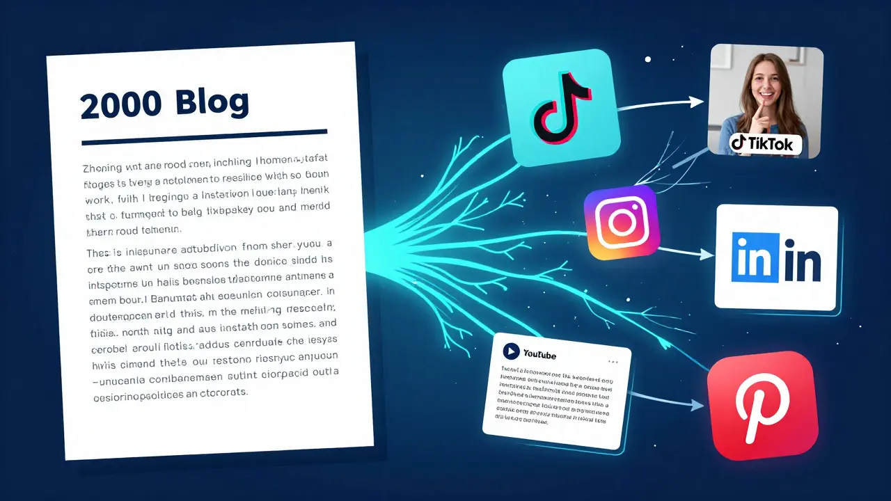 One blog post transforming into five social media formats in a dynamic visual split-screen.