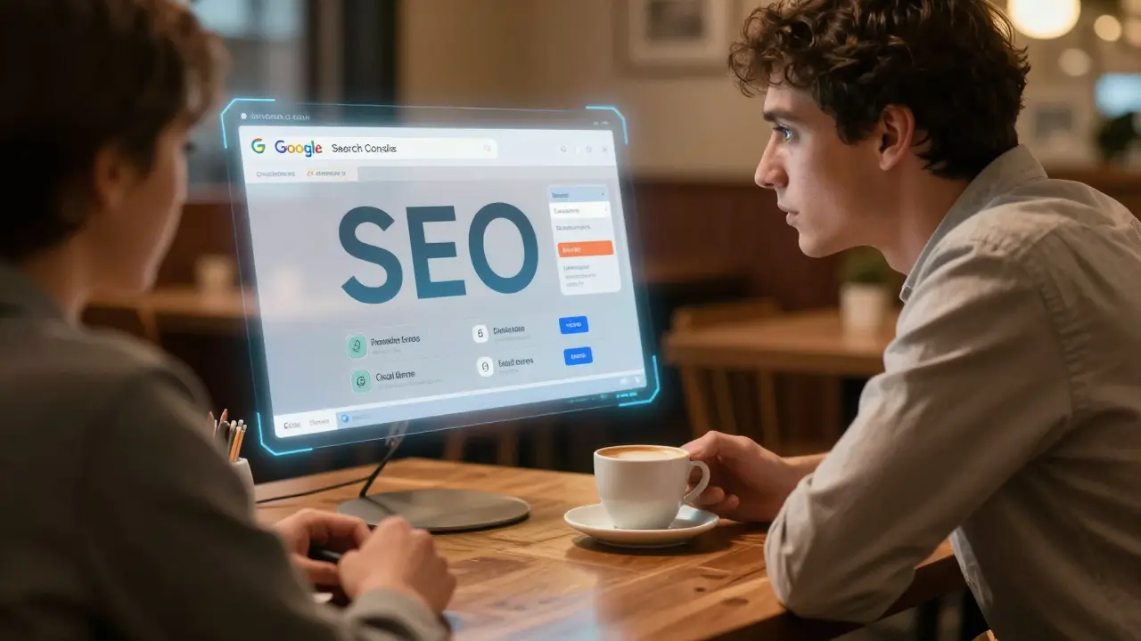 Person explaining SEO fixes at a diner with holographic search data floating above the table.