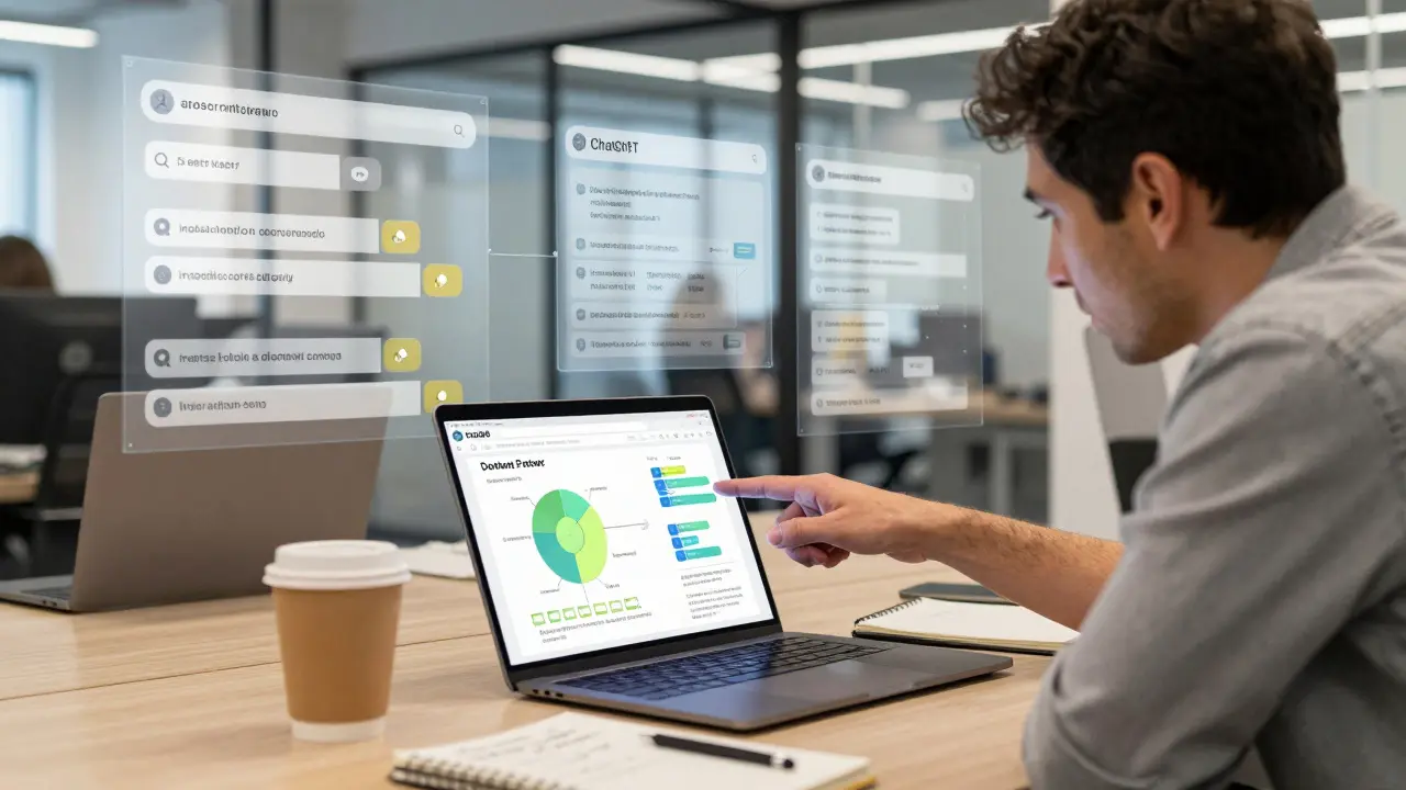 SEO professional collaborating with ChatGPT on a laptop, surrounded by visual intent maps in a modern office.
