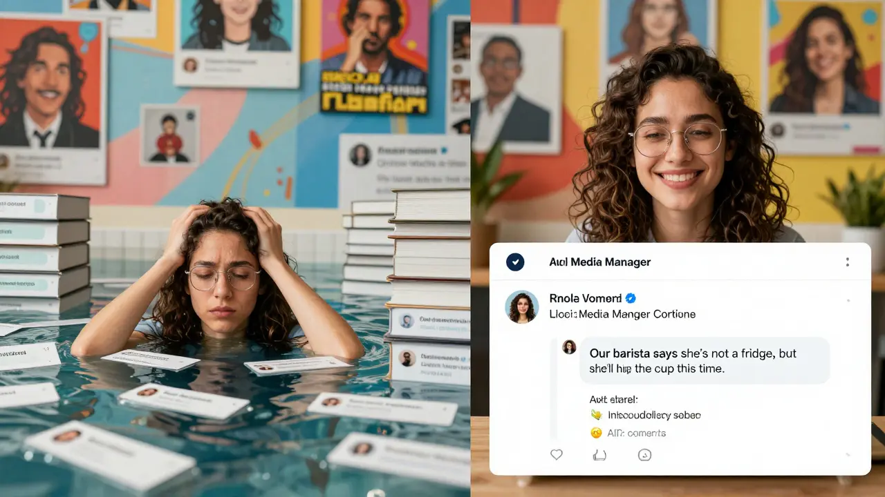 Split-screen showing a stressed employee versus a joyful one with AI-powered replies featuring brand personality.