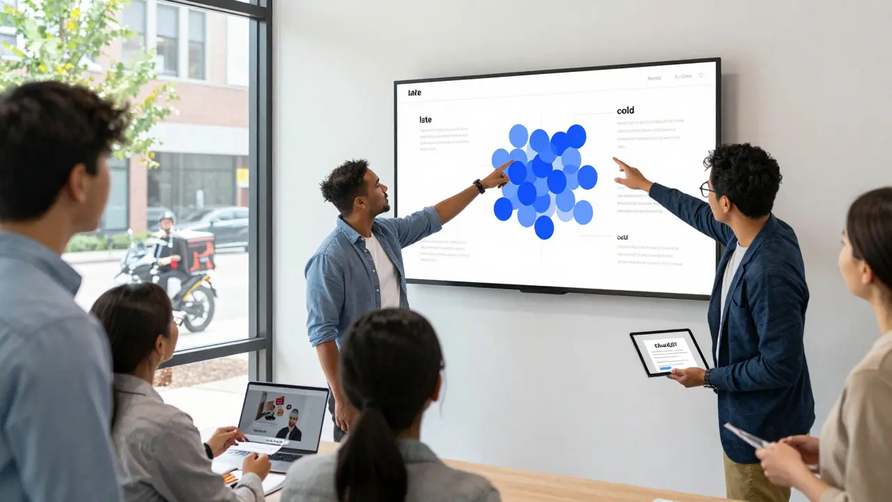 Team watching a live sentiment map as AI flags customer complaints, preparing a heartfelt video response.