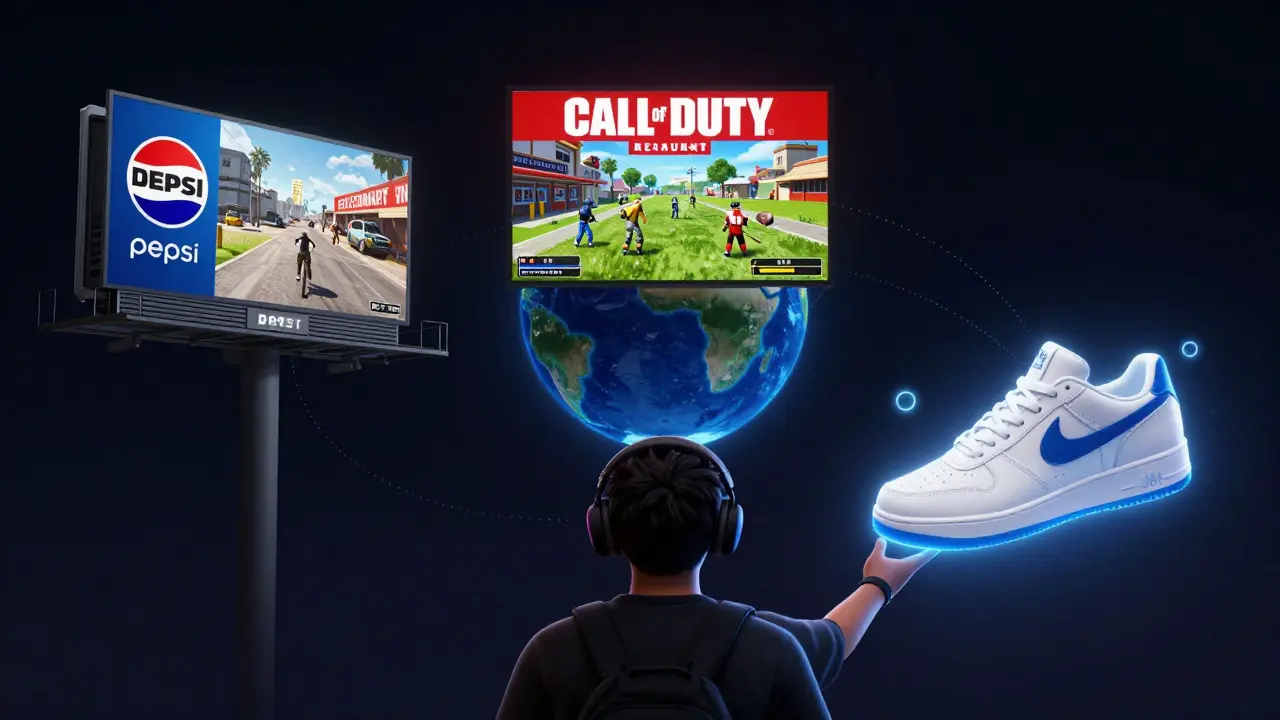 Three types of in-game ads illustrated: static billboard, dynamic location-based ad, and interactive virtual item in a gaming context.