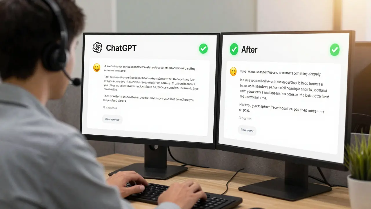 A customer service reply generated by ChatGPT shown beside a comparison of cold vs. warm response tones.