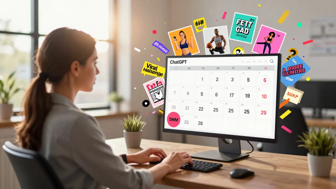 A dynamic digital calendar bursting with trending social media post ideas inspired by a viral fitness challenge.
