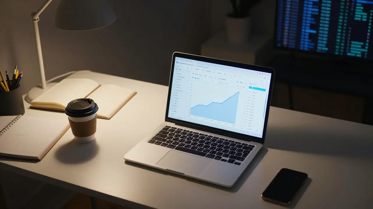 A home office in Melbourne with analytics dashboards showing rising conversion rates on a laptop screen.