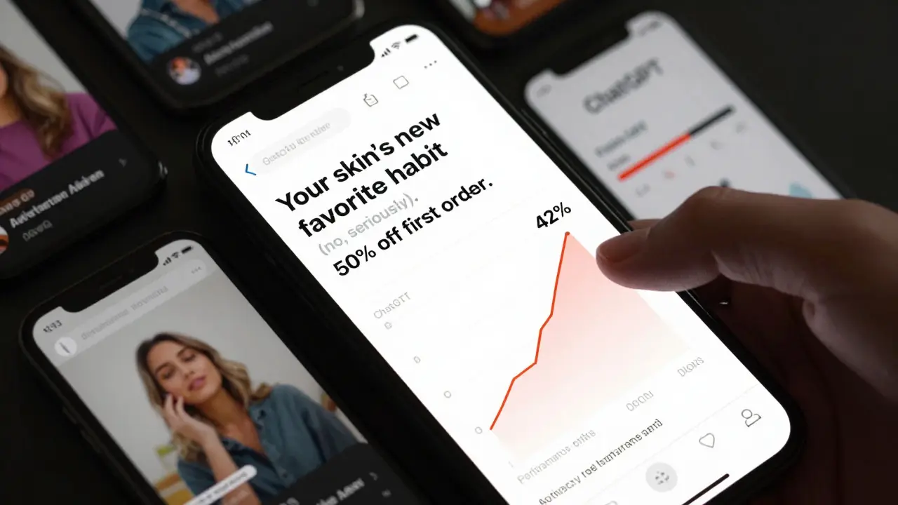 A winning social media ad with a 42% performance boost highlighted on a phone screen.