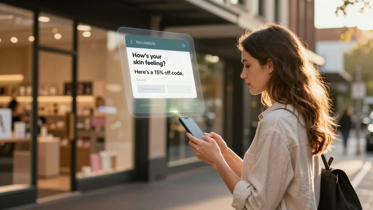 A woman in Sydney receiving a personalized skincare email on her phone during a golden hour walk.
