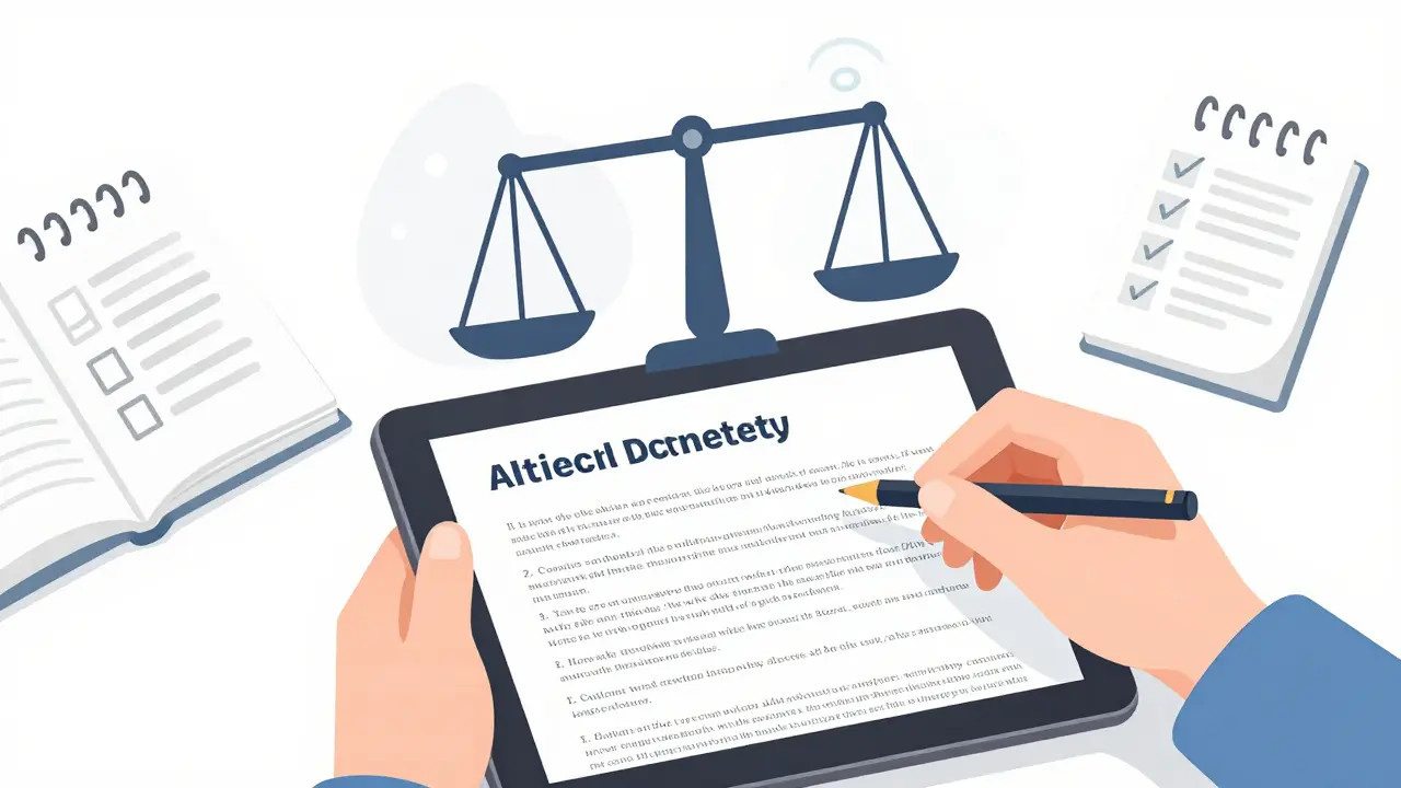 Content editor refining AI text with keyword density scale on tablet.