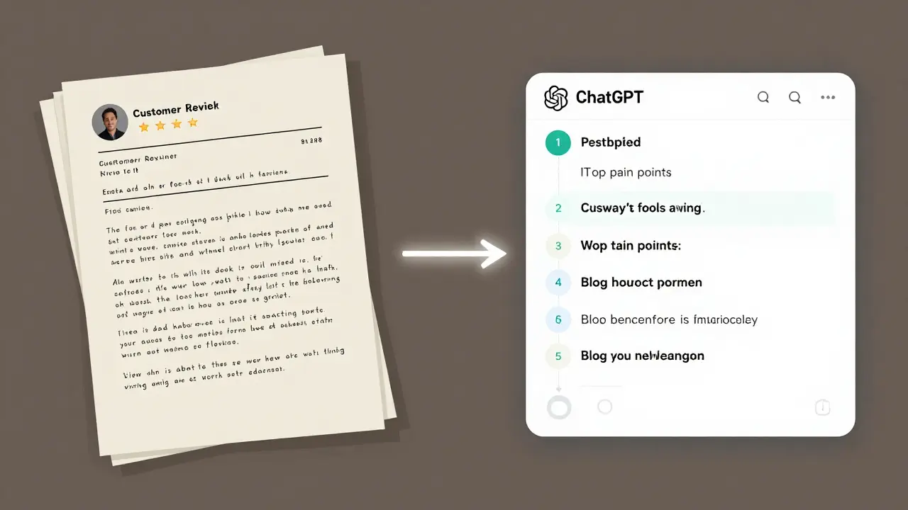 Customer reviews being analyzed by AI to generate blog topic ideas, with digital output displayed beside them.