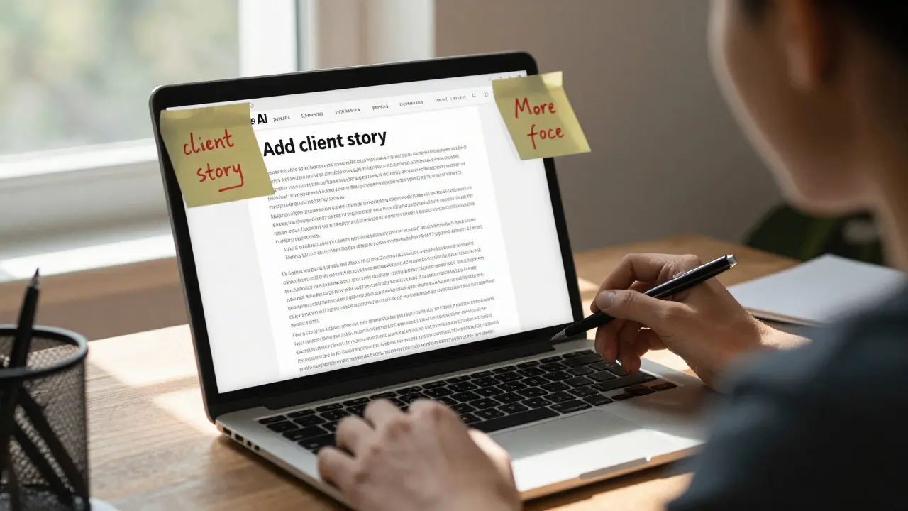 Human marketer editing an AI-drafted blog post with handwritten notes