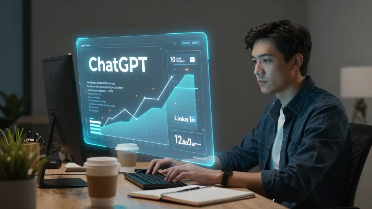 Marketer watching a LinkedIn series generate from a Zoom call, with analytics rising on a screen.