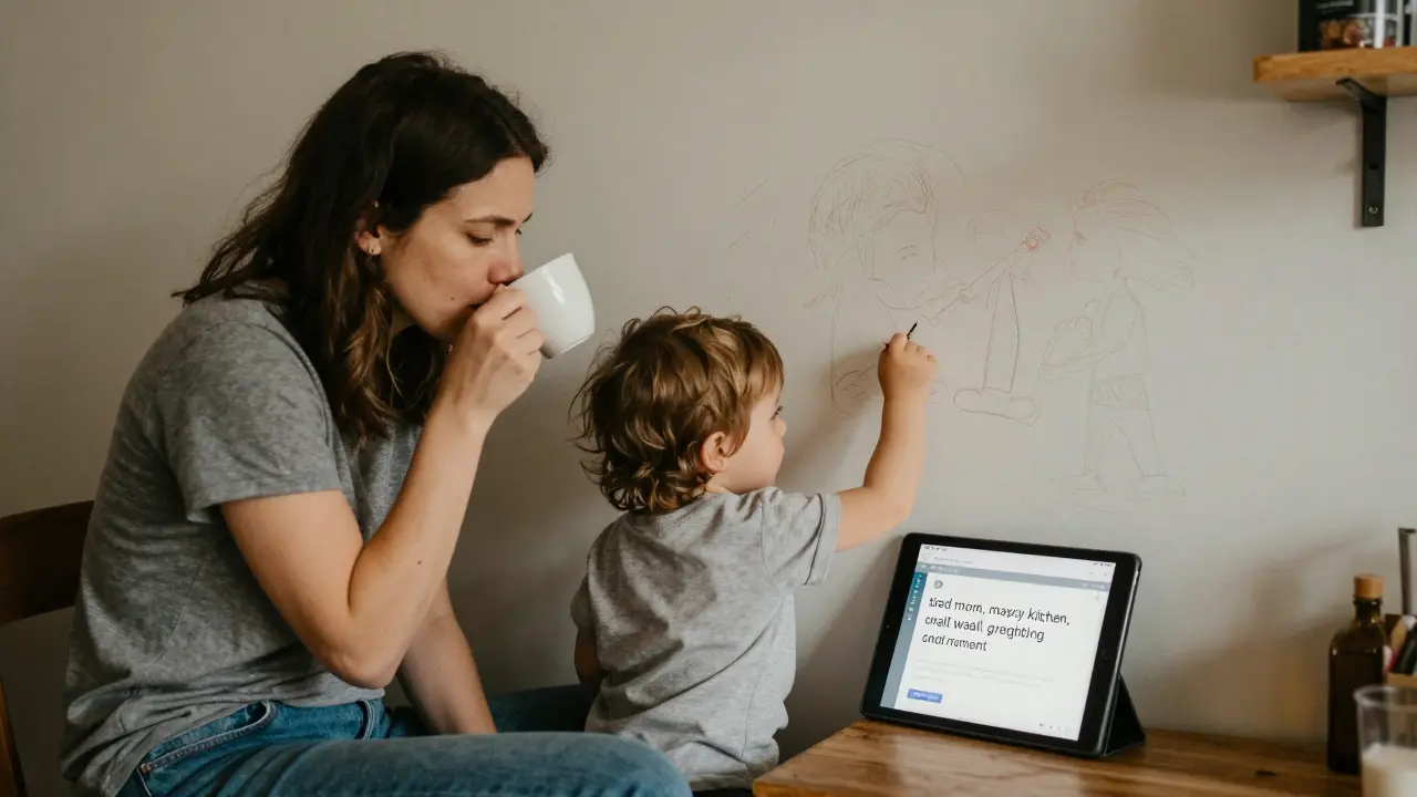 Mom drinking coffee as child draws on wall, tablet showing AI-generated image prompt nearby.