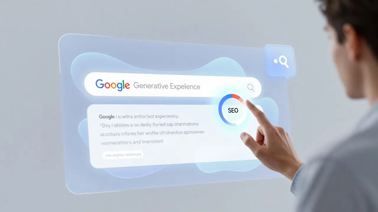 SEO specialist creating SGE-friendly answer with holographic interface.