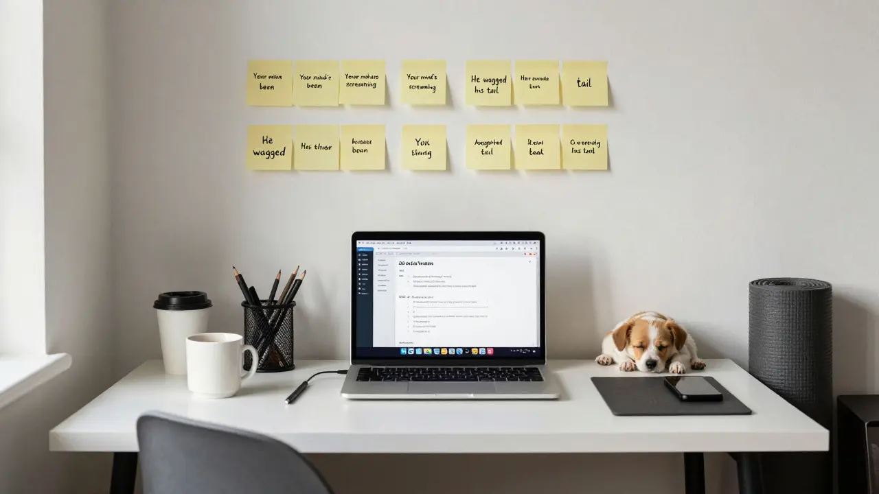 A cluttered home office with a laptop showing ChatGPT generating ad ideas and sticky notes with emotional phrases.