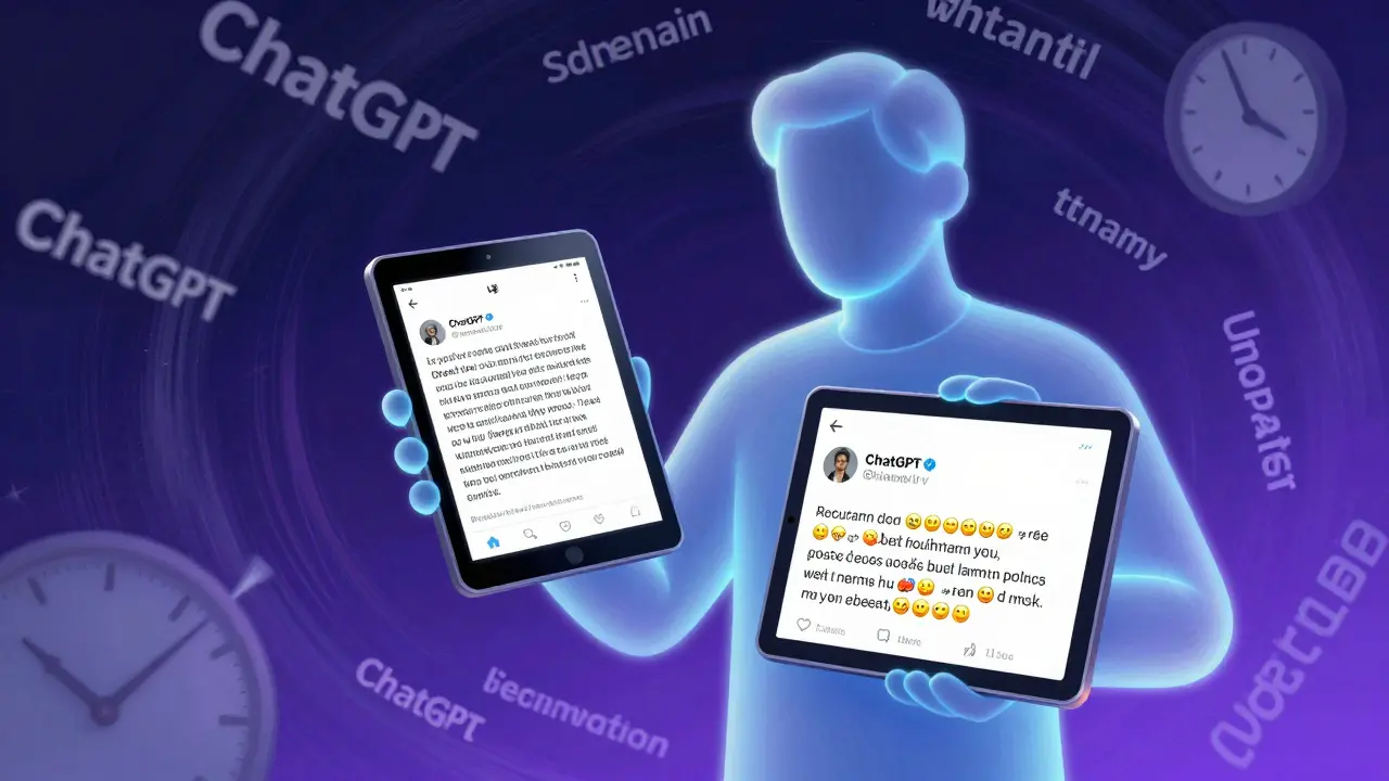 A glowing AI assistant beside a human, transforming generic tweets into personalized social media content.
