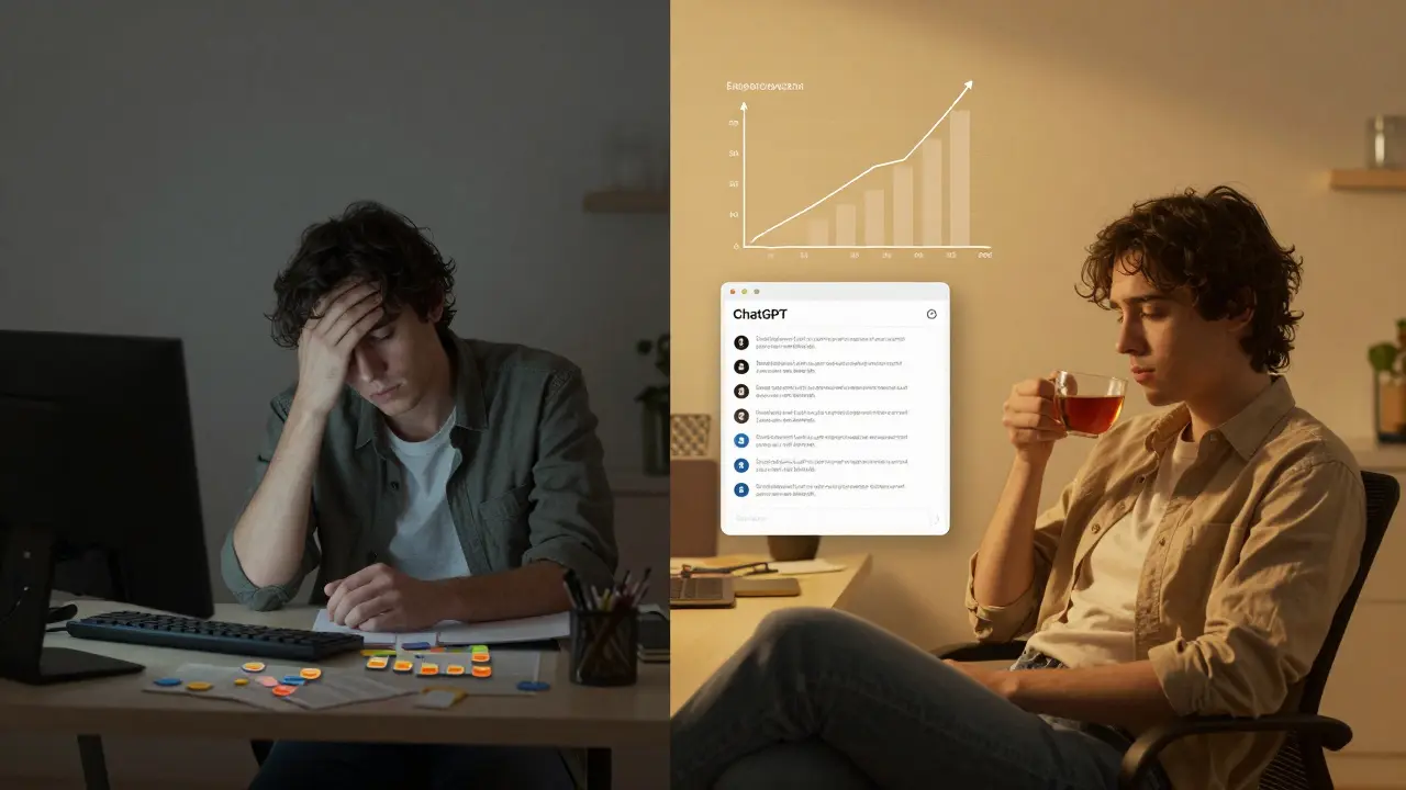 Before and after: a stressed social media manager transformed by ChatGPT with rising engagement metrics.