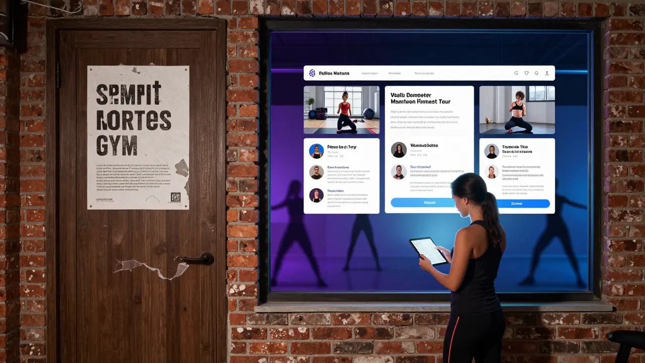 Fading physical gym contrasted with a vibrant online fitness studio, showing the transition from in-person to digital engagement.