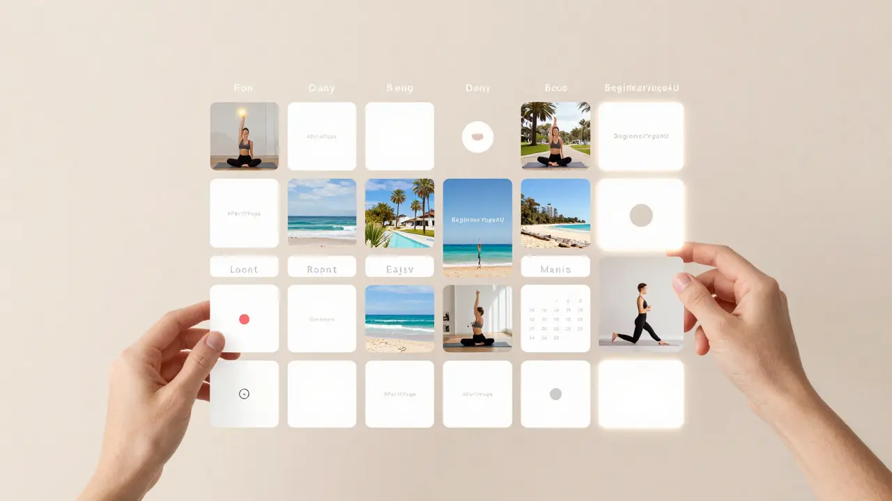 Floating 30-day Instagram content calendar with reels, carousels, and stories for a Perth yoga studio.