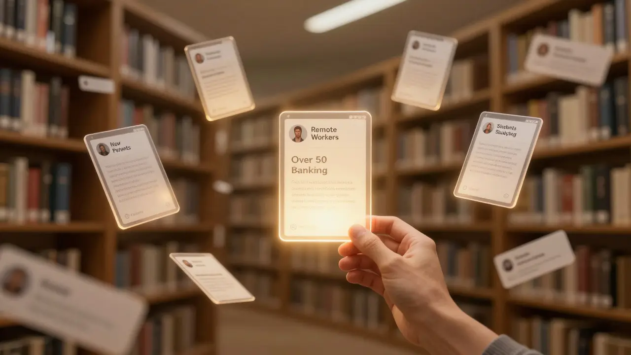 Floating digital ad templates labeled for different audiences, glowing softly as hands reach to select one.