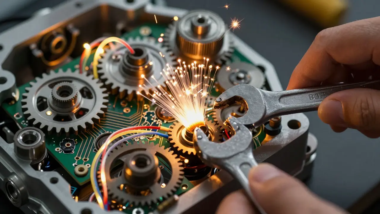 Hand adjusting a mechanical gear made of fiber optic cables.