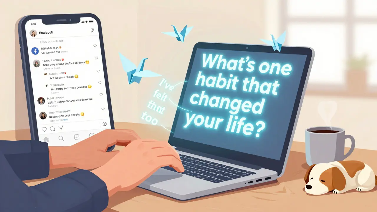 Hand typing on laptop with AI-generated Facebook post ideas floating as glowing paper cranes.