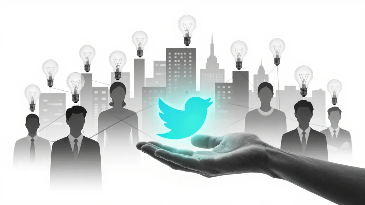 Human hand placing AI symbol onto Twitter bird, symbolizing augmented connection with users.