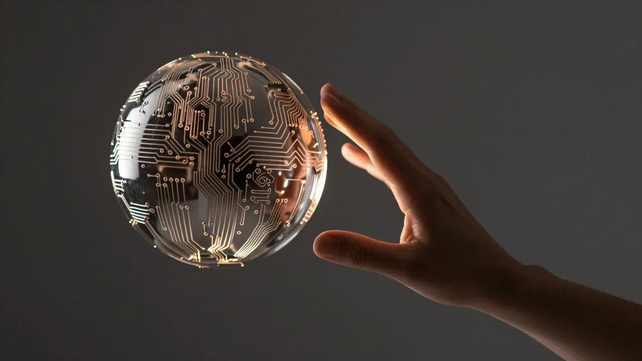 Human hand touching metallic circuit sphere symbolizing control.