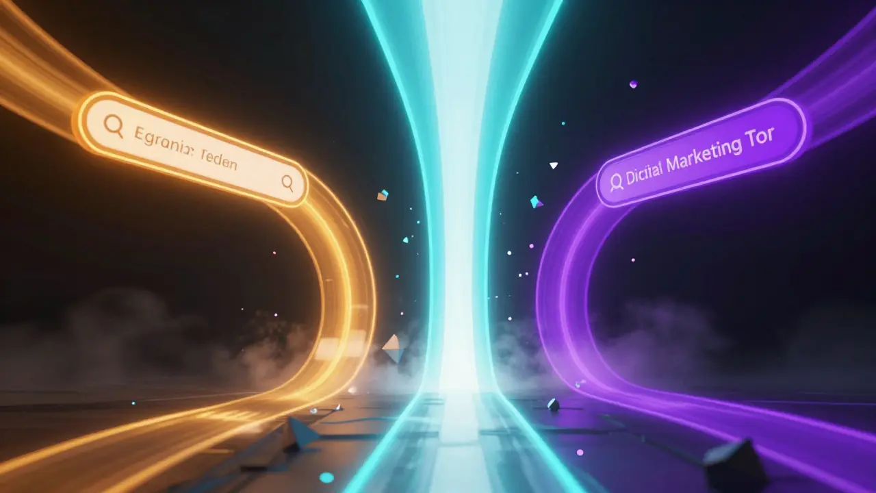 Neon light tunnels of different colors merging into one stream.