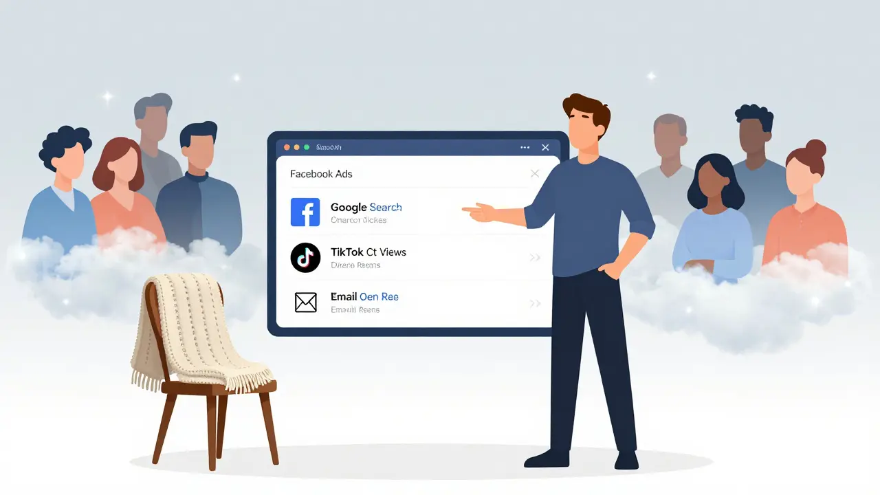 Small business owner with a digital dashboard showing online analytics, surrounded by customers in a glowing digital cloud.