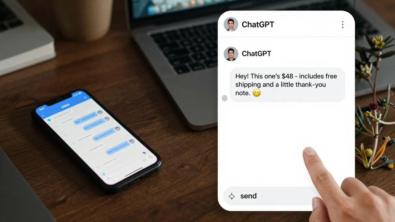Split-screen of overwhelmed DMs vs. organized, human-sounding ChatGPT-generated replies for a handmade jewelry shop.