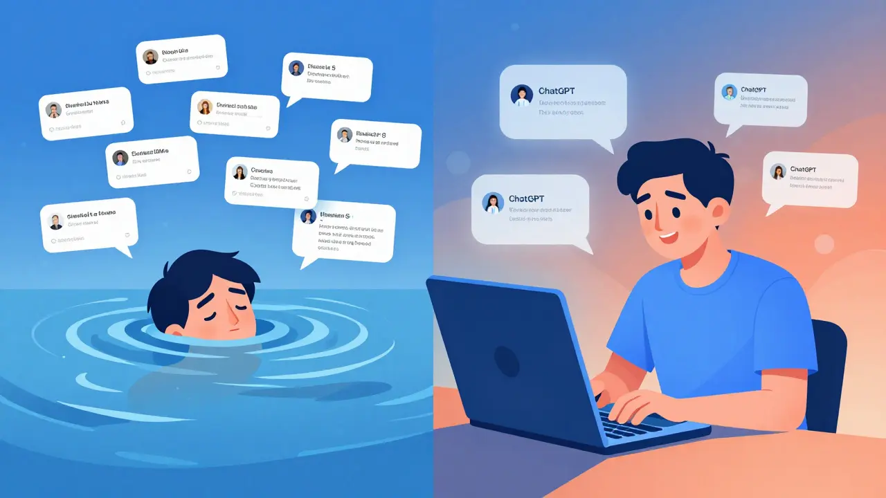 Split-screen showing overwhelmed Twitter user beside a calm user using AI to manage messages.