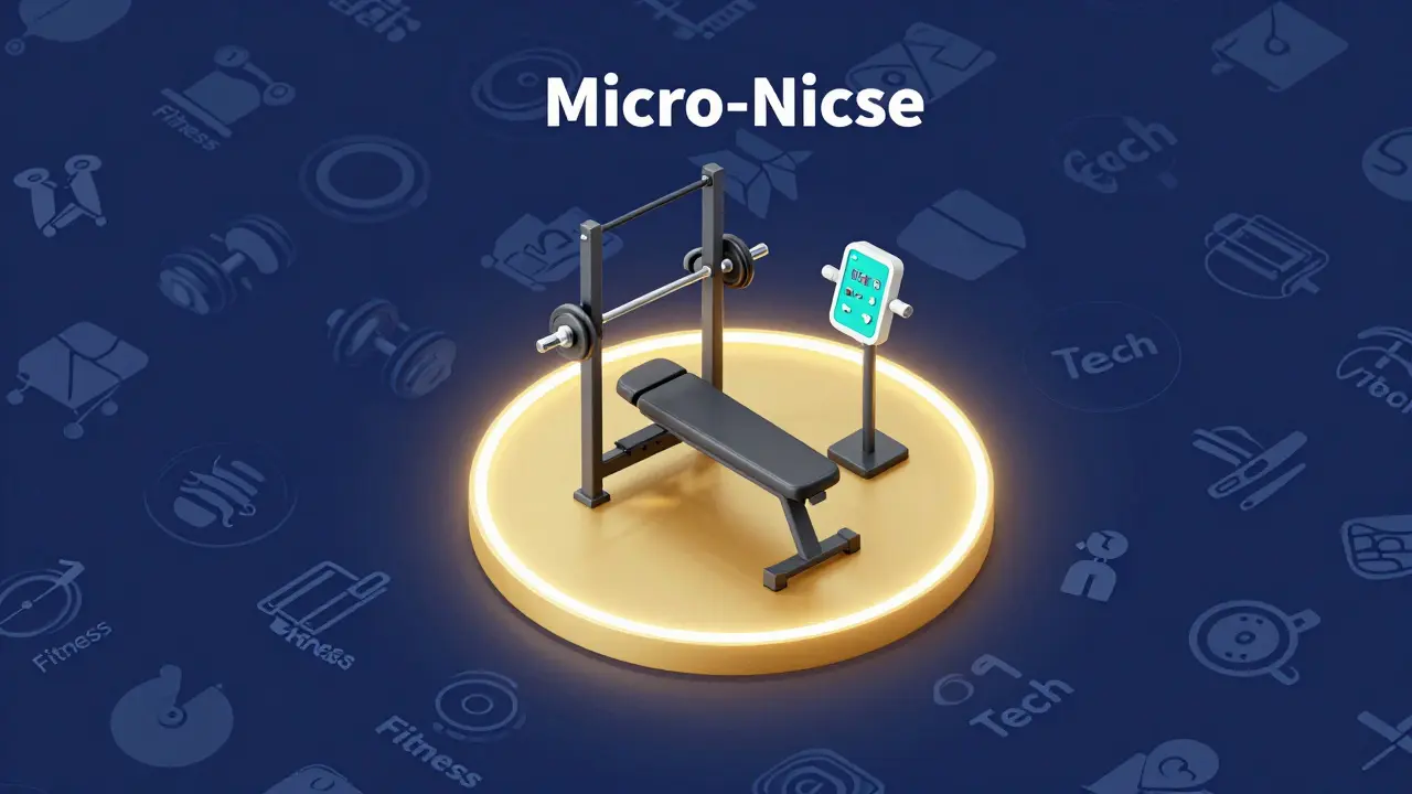 3D illustration highlighting a specific micro-niche of senior strength training amid generic icons.