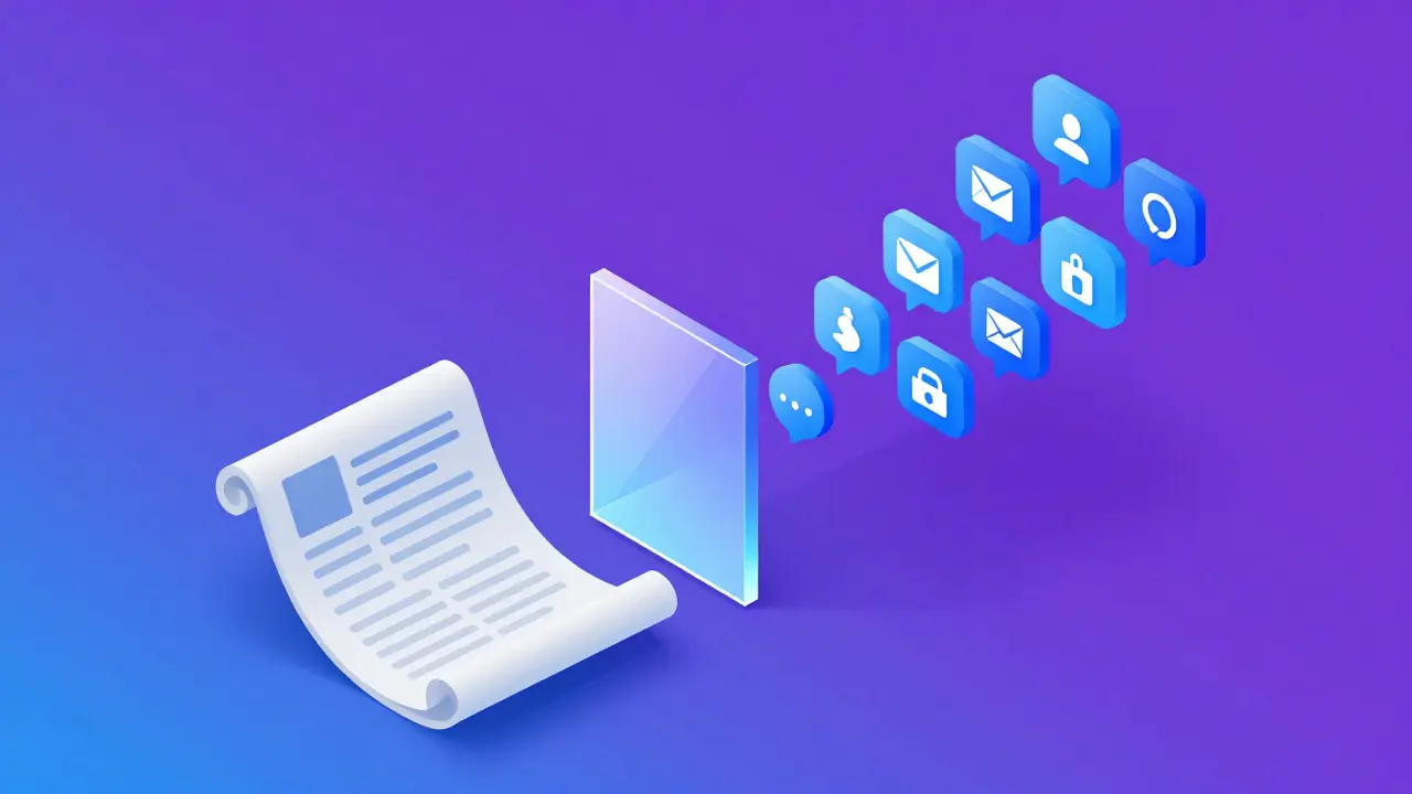 3D illustration of a long article being converted into a social media thread by an AI prism