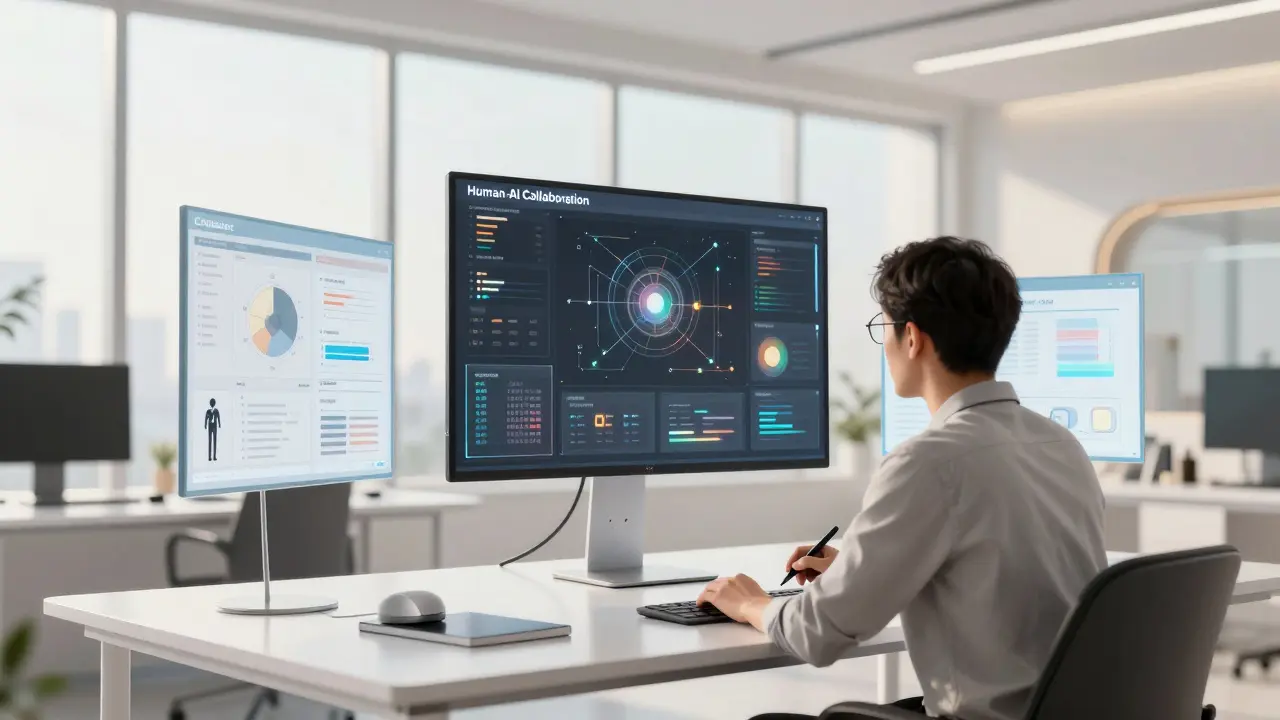 A creative director refining AI-generated content on floating holographic screens in a modern office.