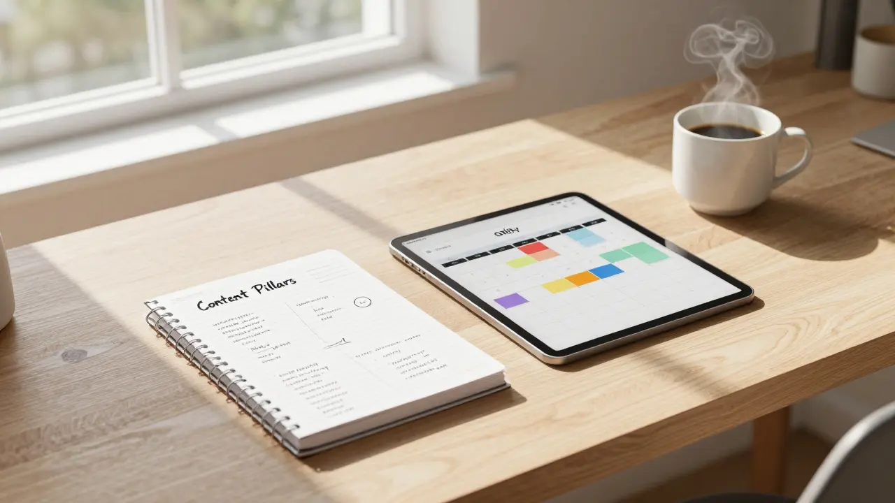 A desk with a handwritten notebook and a digital content calendar in a bright office