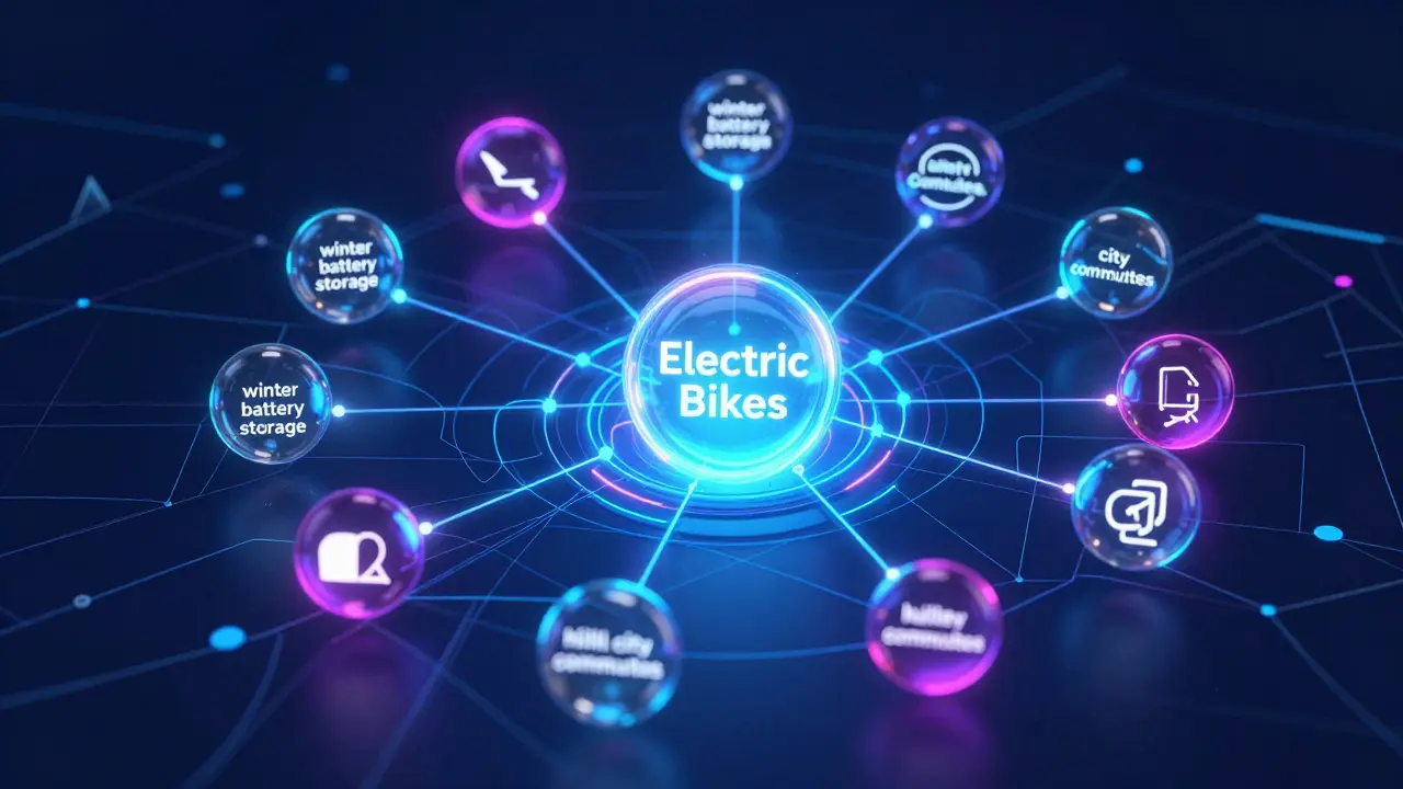 A holographic network map showing connected search queries for electric bike SEO clusters.