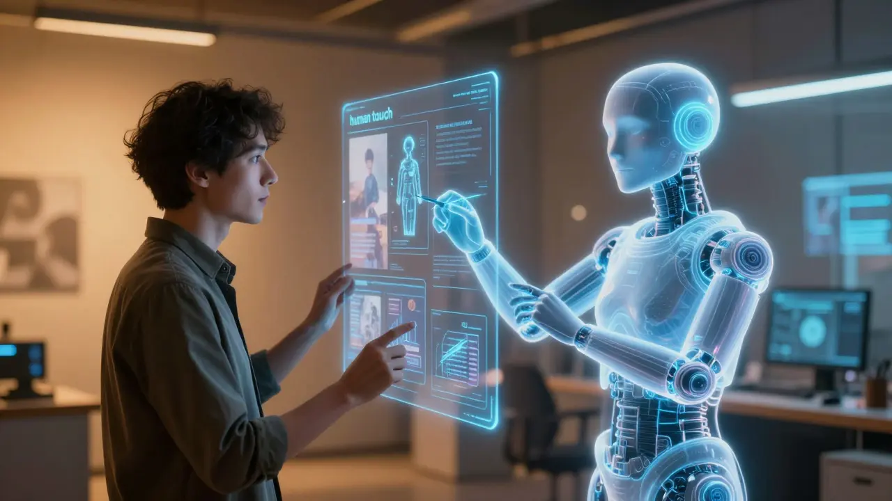 A human creative director refining AI-generated brand concepts in a futuristic studio.