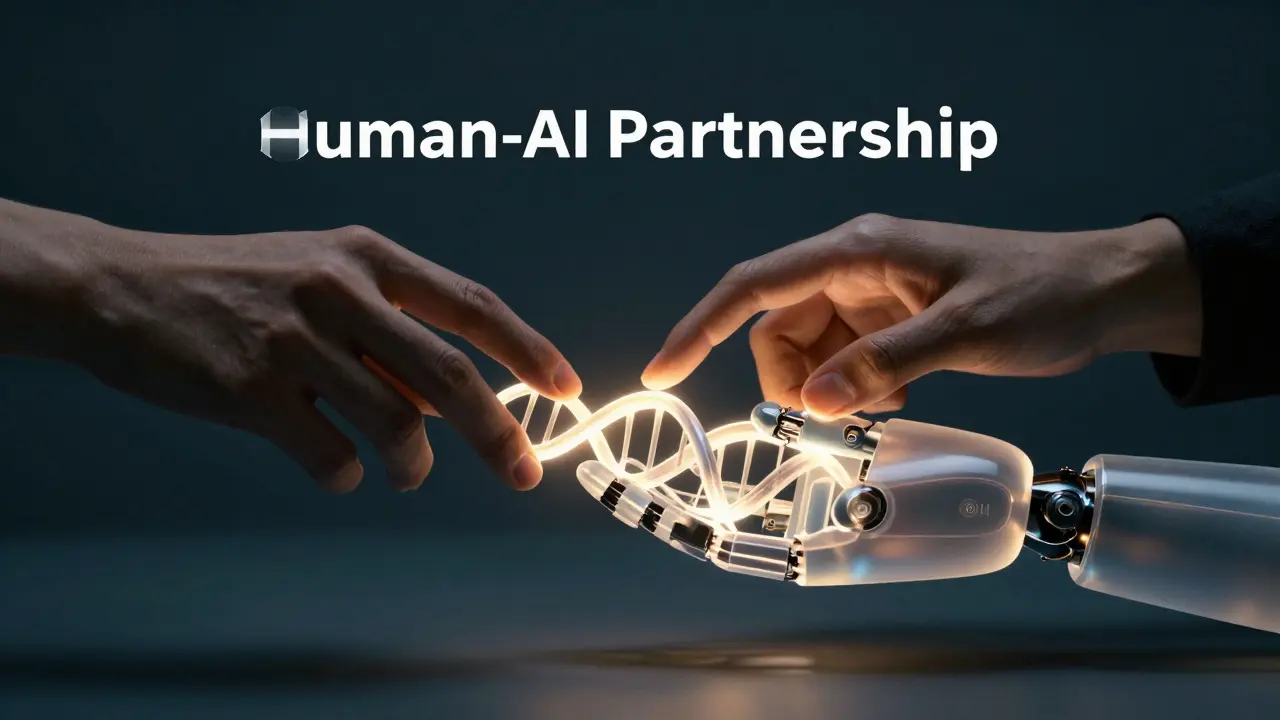 A human hand and a robotic hand collaborating on a glowing digital sculpture.