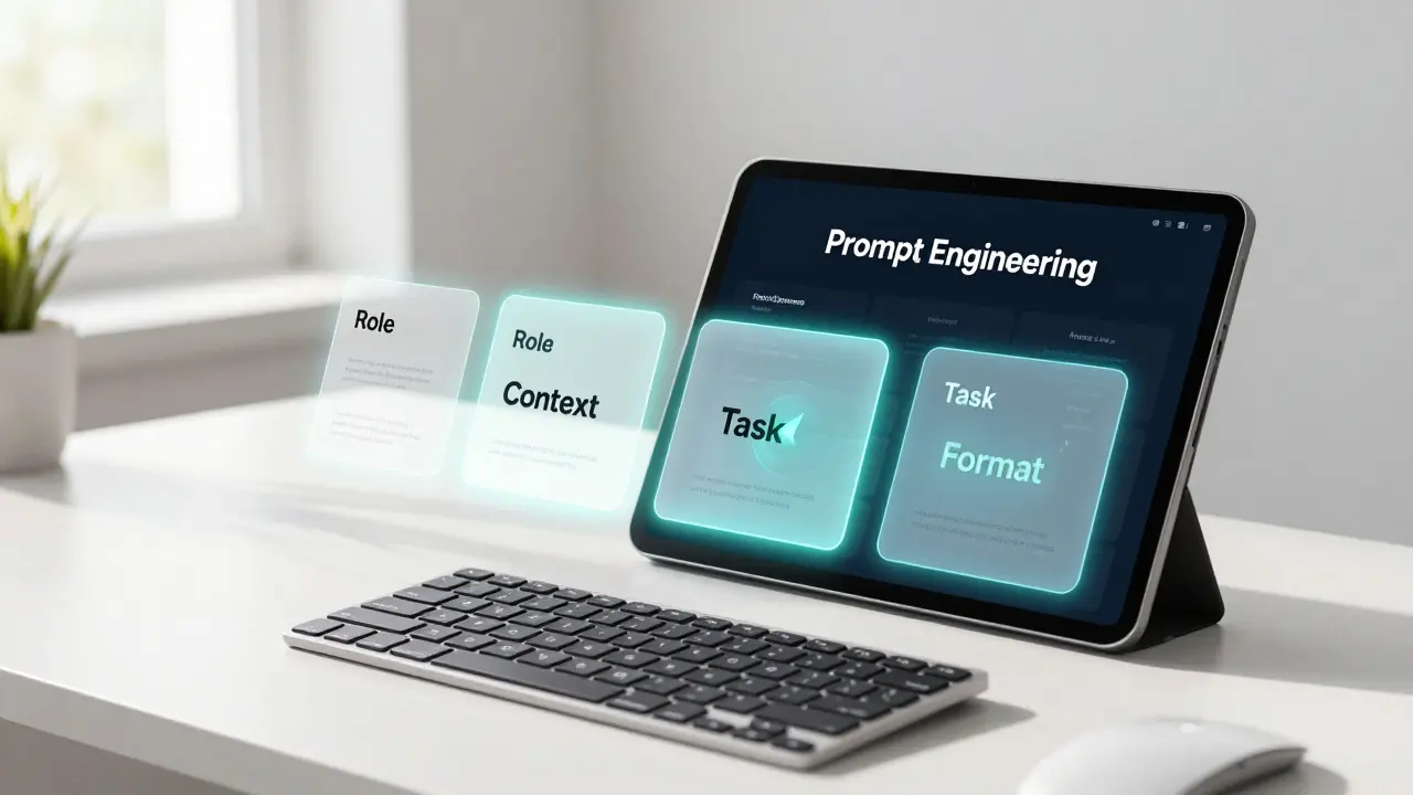 A modern workspace with translucent UI cards showing a prompt engineering framework.