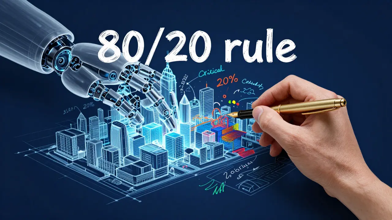 A robotic hand drafting a blueprint while a human hand adds colorful personal details.