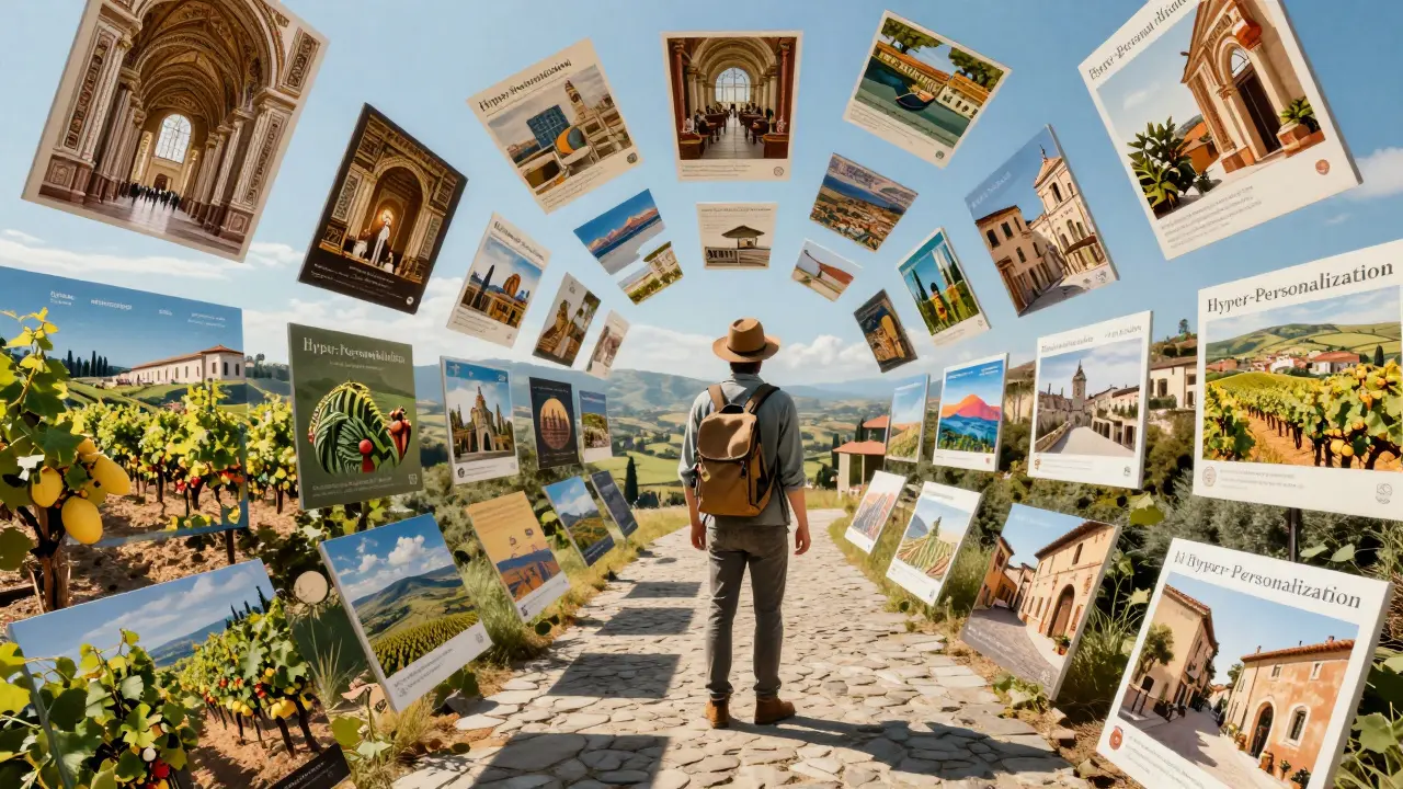 A traveler surrounded by a variety of personalized AI travel ads for Italy.