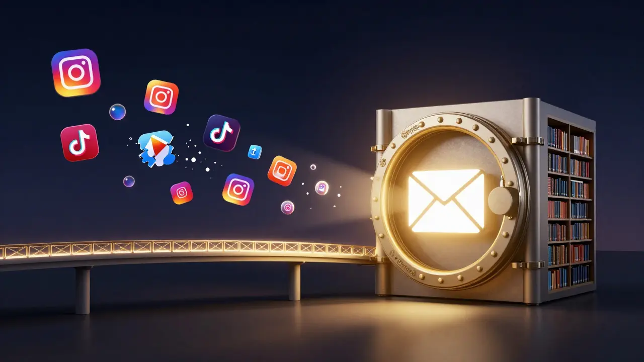 Conceptual art showing social media bubbles connecting to a secure digital vault representing an email list.