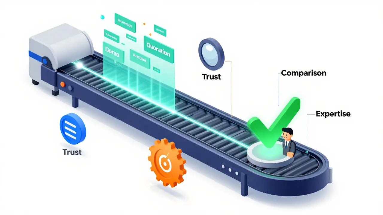 Isometric 3D illustration of a digital content machine converting information into customer solutions.